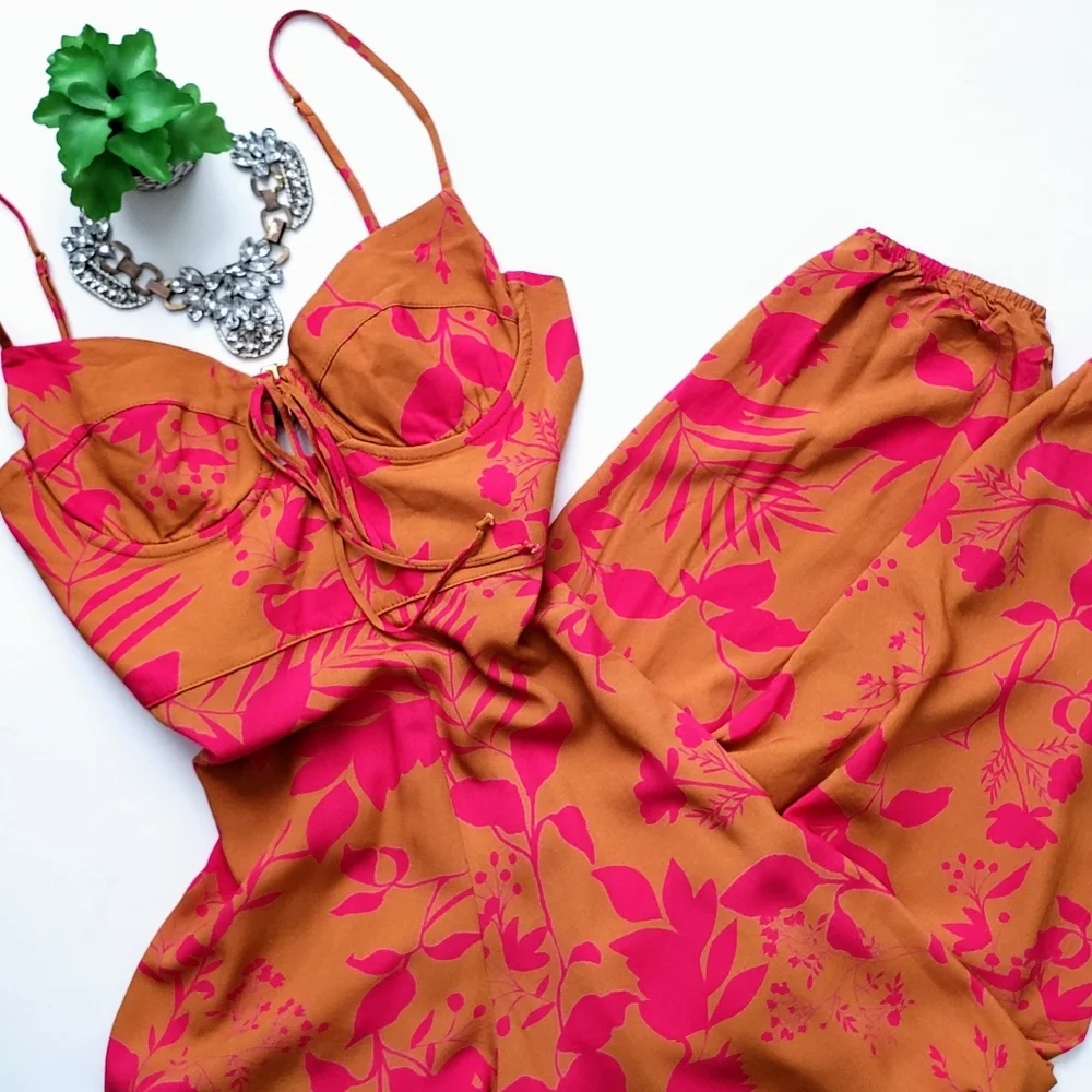 Free People Sun Becomes Her Casablanca Corset Jumpsuit Floral Pink Orange Size 2